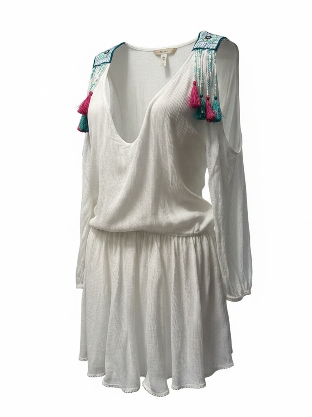OndadeMar White Mini Dress with Pink and Teal Tassel Accents